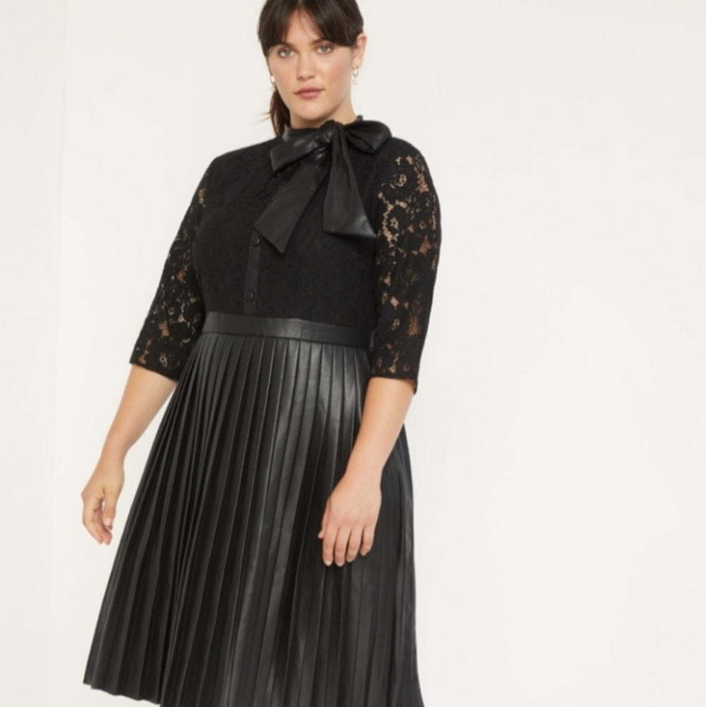 NEW Eloquii Faux Leather & Lace Pleated Midi Dress